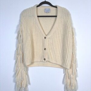 Hayden Los Angeles Ivory Chunky Knit Fringe Sleeve Cropped Cardigan Sweater M/L